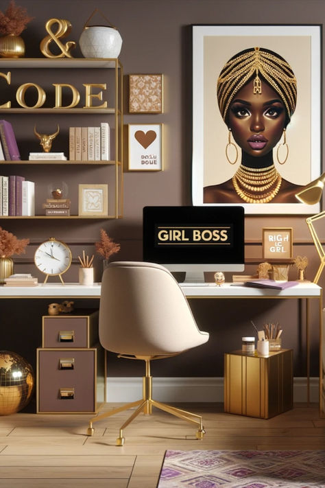 Glam Office Decor Workspaces Business, Boss Lady Home Office Ideas, African Inspired Office Decor, Office Ideas For Work Business, Office Ideas For Work Business Decor, Girl Office Ideas, Youtube Studio Ideas, Glam Office Ideas, Boho Office Space Workspaces