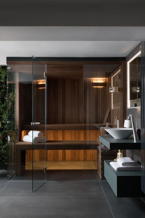 Wellness Bathroom, Sauna Bathroom Design, Sauna Bathroom, Dark Grey Walls, Luxury Shower, Bathroom Design Ideas, Bathroom Trends, Bathroom Spa, Stylish Bathroom