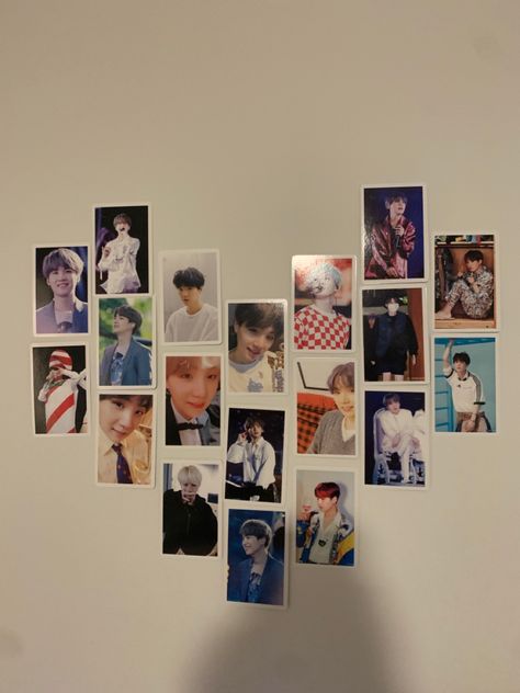 Photocard Heart On Wall, Kpop Door Decor, Photocard Wall Decor, Army Room Decor, Polaroid Wall, Diy Room Decor For Teens, Easy Diy Room Decor, Cute Diy Room Decor, Lomo Card