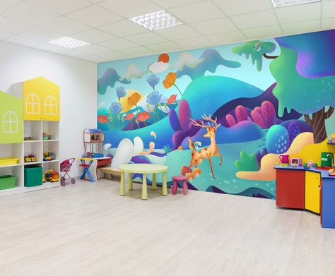 Preschool Interior Design, Business Wallpaper, Daycare Design, Deer Animal, Commercial Wallpaper, Play Centre, Mural Design, Peel Stick Wallpaper, Vinyl Paper