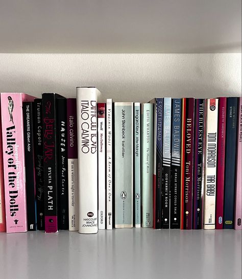 bookshelf Literary Fiction Aesthetic, Beloved Toni Morrison, The House Of Mirth, East Of Eden, Room Of One's Own, Toni Morrison, John Steinbeck, Unread Books, The Bell Jar