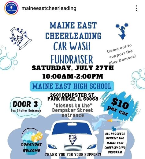 🚗🧼 It's time to roll up and show some love! Maine East High School Cheerleading is throwing a car wash fundraiser, and my daughter's squad could use our help! 📅 Date: Today - Happening Now 7/27 ⏰ Time: 10am - 2pm 📍 Location: Maine East Hish School #MaineEastCheer #Fundraiser #CarWash #SupportLocalSchools #CheerSquadLove Car Wash Fundraiser, High School Cheerleading, School Cheerleading, East High School, Blue Demon, Cheer Squad, Date Today, Kids Sports, Car Wash