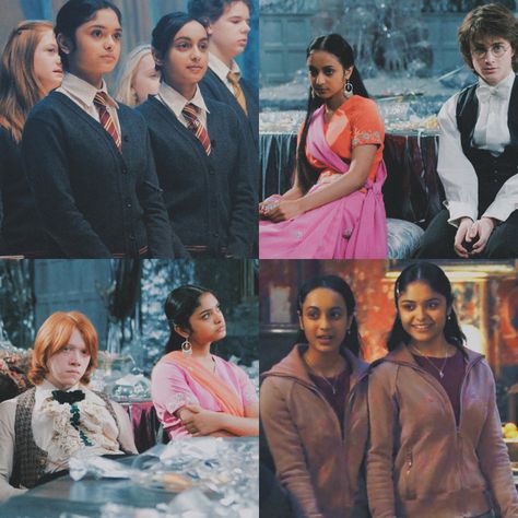 The Indian twins from Gryffindor who attended the Yule Ball with Harry Potter and Ron Weasley, only to get disappointed because the boys are not interested to dance with them and instead they were expressing their jealousy over the dates of their crushes, Cho Chang and Hermione Granger respectively. Both became members of Dumbledore's Army and bravely fought in the final Battle. #HarryPotter #ParvatiPatil #PadmaPatil #RonWeasley #HermioneGranger #PatilTwins #AfshanAzad #ShefaliChowdhury Padma And Parvati Patil Yule Ball, Patil Twins, Harry Potter And Ron Weasley, Harry Potter And Ron, Padma Patil, Pottermore Wand, Parvati Patil, The Yule Ball, Dumbledore's Army