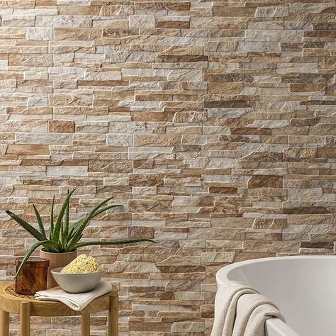 Stone Effect Wall, Textured Feature Wall, Brick Wall Tiles, Stone Feature Wall, Stone Walls Interior, Tiles Uk, Tile Options, Exterior Wall Tiles, Stone Tile Wall