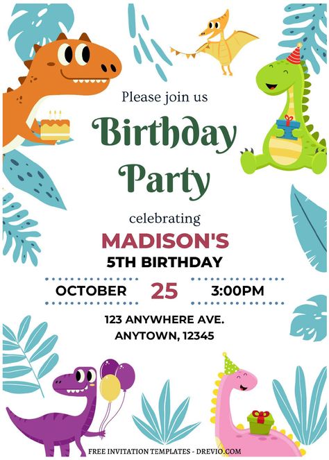 Awesome (Free Editable PDF) Unearth The Fun Dino Birthday Invitation Templates           With this colorful greenery jungle and dinosaur-themed PDF birthday invitation designs, be ready for a prehistoric journey. These templates take ... Dino Birthday Invitations Free Printable, Birthday Invitation Dinosaur Template, Dino Invitation Template, Birthday Invitation Template Free Editable, Dinosaur Invitation Template, Dino Birthday Invitations, Dinasour Birthday, Dino Party Invitation, Free Invitation Cards