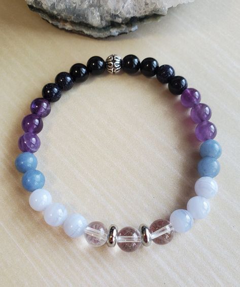 Aquarius crystal bracelet Enneagram Five, The Thinker, Beautiful Anklet, Handmade Crystal Jewelry, Enneagram Types, Blue Goldstone, Selenite Crystal, Zodiac Gifts, Amethyst Bracelet