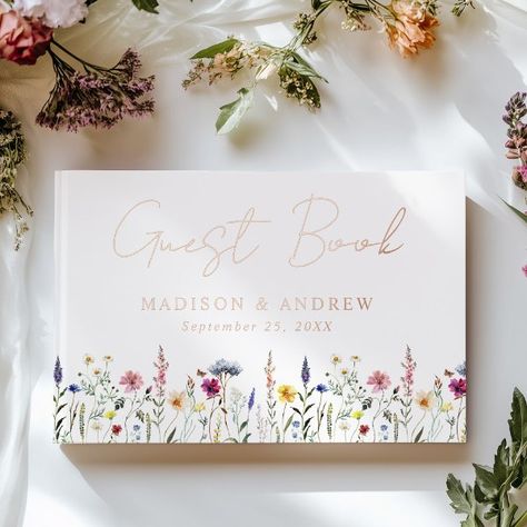 Elegant Wildflower Meadow Photo Wedding Foil Guest Book Photo Wedding Guest Book, Rustic Spring Wedding, Floral Themed Wedding, Wedding Guest Book Table, Cream Photo, Meadow Wedding, Summer Wedding Ceremony, Photo Guest Book Wedding, Book Displays