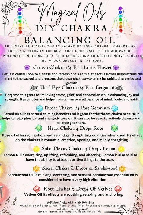 Essential Oils For Chakras, Chakra Balancing Essential Oils, Magick Oil, Magic Oil, Growth And Healing, Essential Oils Herbs, Essential Oils Health, Essential Oil Blends Recipes, High Priestess