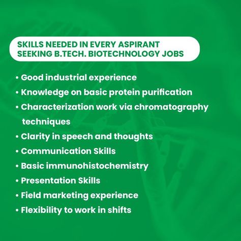 What are the skills that every aspirant seeking BTech Biotechnology Jobs should have? Find out here. #btech #biotechnology Biochemical Engineering, Field Marketing, Engineering Courses, B Tech, Presentation Skills, Engineering Colleges, Molecular Biology, Graduate Program, Company Meals