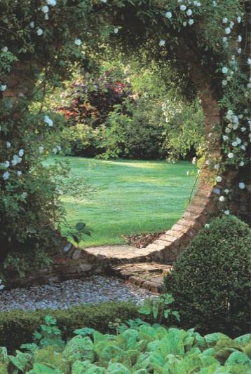 Moon Gates, Brick Wall Gardens, Pretty White Flowers, Stone Walls Garden, Brick Archway, Fantasy Houses, Witchy Garden, Garden Archway, Mystic Garden