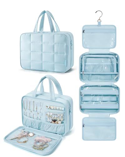 BAGSMART Travel Toiletry Bag with Jewelry Organizer, Hanging Travel Bag for Toiletries, Puffy Makeup Cosmetic Bag Organizer, Carry-on Travel Accessories Essentials, Light Blue-L Jewelry Organizer Hanging, Accessories Essentials, Cosmetic Bag Organization, Travel Size Toiletries, Dream Bags, Hanging Toiletry Bag, Travel Toiletry Bag, Tote Organization, Pouch Organizer