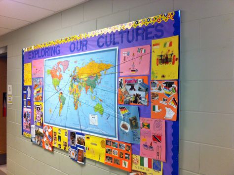 Cultures Bulletin Board, went with our social studies unit...the students interviewed a relative about their heritage, added pictures, and I marked all the countries they were from on the map World Map Bulletin Board, Country Bulletin Board Ideas, Bulletin Board Ideas Social Studies, Map Bulletin Board Ideas, Continents Bulletin Board Ideas, Social Studies Bulletin Board Ideas, Eal Display Boards, Geography Classroom Display, Multi Cultural Bulletin Boards