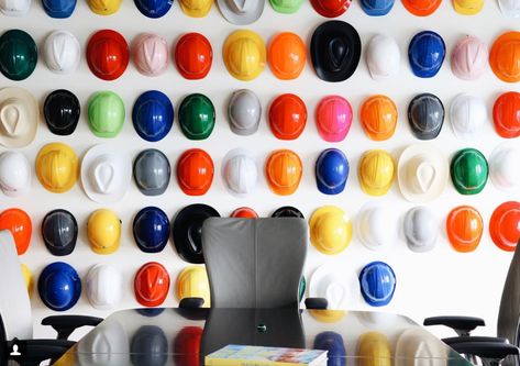 Your Playroom Needs A Rainbow Hardhat Wall Construction Office Decor, Office Vision Board, Novogratz Design, Food Logo Design Inspiration, House Beautiful Magazine, Office Interior Design Modern, Interior Artwork, Interactive Walls, Steel Stairs