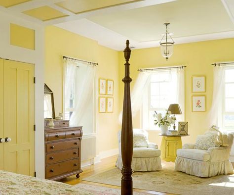 Traditional Calm - This is almost the color that the Guest Room will be. Koko is not going to be pleased. Yellow Bedroom Decor, Yellow Cottage, Yellow Room, Yellow Decor, Yellow Bedroom, Yellow Walls, Trendy Bedroom, Master Bedrooms Decor, Beautiful Bedrooms