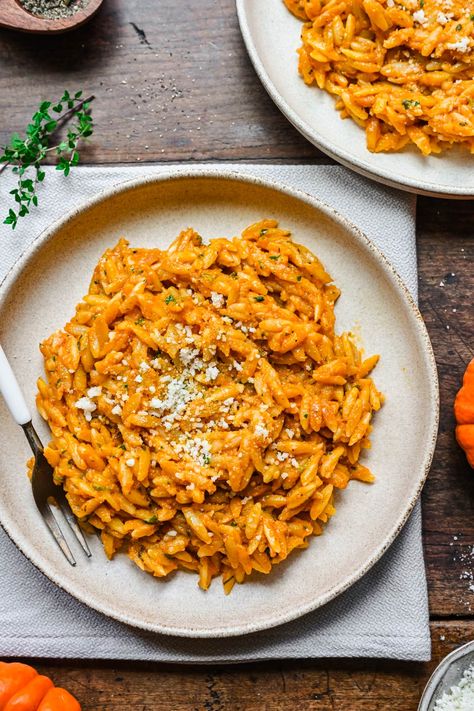 This creamy pumpkin orzo is a one pot recipe that's ready in less than 30 minutes! It's a delicious, easy fall side dish or light meal and can easily be made dairy free. Dairy Free Orzo Recipes, Pumpkin Orzo, Homemade Froyo, Cheesy Orzo, Crowded Kitchen, Autumn Side Dishes, Healthy Bowls Recipes, Rice Bowls Recipes, Pasta Shapes