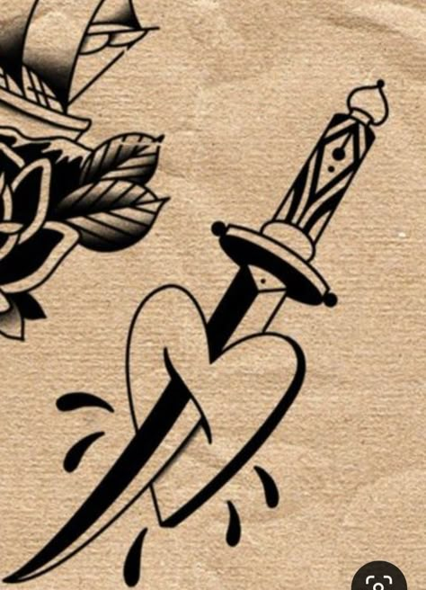 Dagger In Heart Tattoo, Traditional Tattoo Knife, Paranoid Tattoo, Cute Dagger Tattoo, Dagger Through Heart Tattoo, Dagger Heart Tattoo, American Traditional Dagger, Heart And Dagger Tattoo, Heart Dagger Tattoo