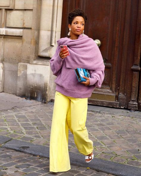 Purple is the color trend that just won't quit. We're here to show you our favorite purple looks along and how to achieve them yourself. Palette Estate, Summer Palette, Colorful Outfits, Yellow Pants, Purple Cardigan, Olympia Le Tan, Purple Outfits, Yellow And Purple, Granny Chic