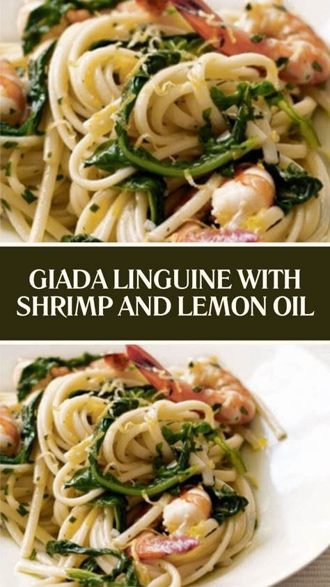 Giada Linguine with Shrimp and Lemon Oil Linguine With Shrimp, Shrimp Linguine Recipe, Shrimp Linguini, Lemon Shrimp Pasta, Arugula Pasta, Lemon Spaghetti, Shrimp Linguine, Giada Recipes, Linguine Recipes