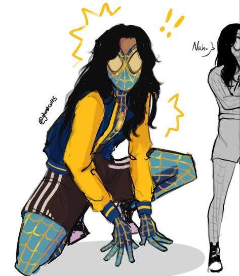 Yellow Spidersona, Spider Suit Design, Superhero Suit Ideas, Spider Sonas, Spiderman Oc Art, Spiderman Poses, Spiderman Characters, Spidersona Ideas, Spiderman Suits