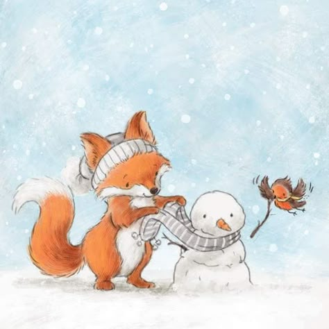 Artist: Jess Bircham Cottage Core Wallpaper, Fox In Snow, Snowman Illustration, Christmas Window Painting, Diy Holiday Cards, Fox Christmas, Fox Illustration, Happy Paintings, Fox Art