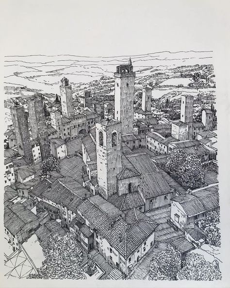 Hashing Drawing, Architecture Drawing Landscape, Dystopian City Drawing, Italian Buildings Drawing, City From Above Drawing, Arial Drawing, Buildings From Above, Town Sketch, Rough Drawing