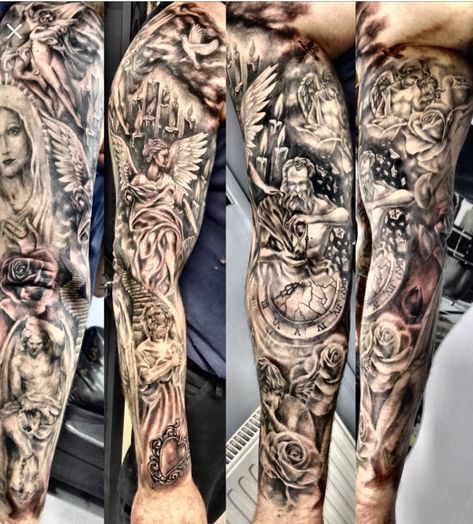 Religious Tattoo Sleeves, Jasmine Tattoo, Religion Tattoos, Arm Wrap Tattoo, Wrap Tattoo, Christian Sleeve Tattoo, Religious Tattoo, Religious Tattoos, Full Sleeve Tattoos