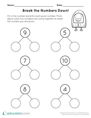 Students learn to decompose numbers through this fun activity. After being given a number, young mathematicians come up with their own way to decompose the number into two different numbers.#educationdotcom Number Bond Games, Decomposing Numbers Kindergarten, Math Worksheets For Grade 1, Number Bonds Worksheets, Fact Family Worksheet, Worksheets For Grade 1, Mental Arithmetic, Number Practice, Teacher Forms