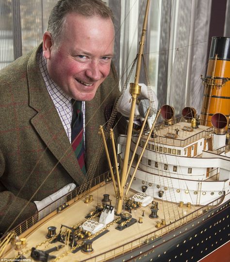 Auctioneer Charles Miller is pictured with the 12ft long model of the RMS Mauretania. It is being sold by Swan Hunter in May Rms Mauretania, Cruise Ship Models, Titanic Model, Titanic Wreck, Model Boats Building, Model Ship Kits, Titanic History, Scale Model Ships, Titanic Ship