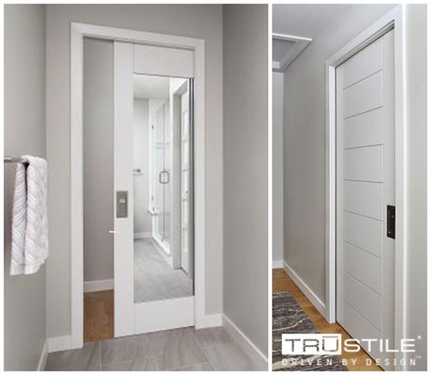 A NEW door to the Millard Lumber Omaha Design Gallery is the Trustile TM9000 from the Tru&Modern Collection! A modern take on a classic door construction with clean, strong lines, and bold accents! See it on display today in the Omaha showroom with beautiful paneling on one side and an inset mirror on the other. #MoreThanLumber Pocket Door With Mirror, Door Refresh, Mirror Panelling, Door With Mirror, Interior Exterior Doors, Classic Doors, Pocket Door, Bedroom Door, Bedroom Doors