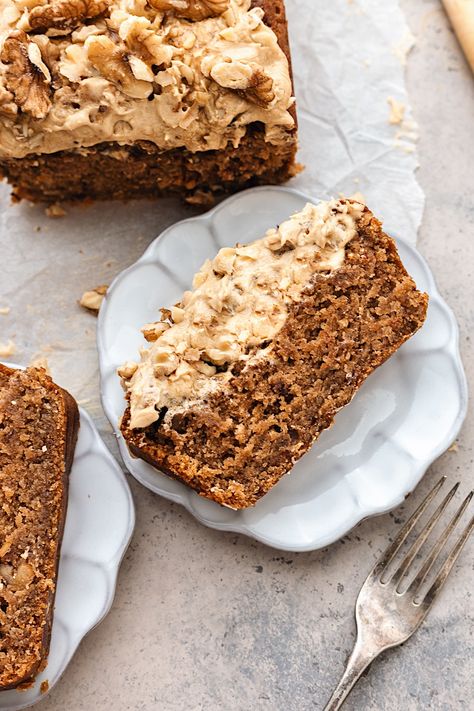 Coffee and Walnut Cake - Cupful of Kale Walnut Loaf Cake, Coffee Walnut Cake, Healthy Protein Desserts, Orange Loaf Cake, Walnut Loaf, Coffee And Walnut Cake, Vegan Ice Cream Recipe, Vegan Coffee, Coffee Buttercream