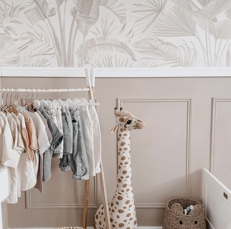 Wallpaper And Panelling Nursery, Nursery Paneling, Nursery Panelling, Half Wallpaper Half Paint, Small Room Nursery, Dog Room Decor, Cream Furniture, Safari Room, Baby Room Neutral