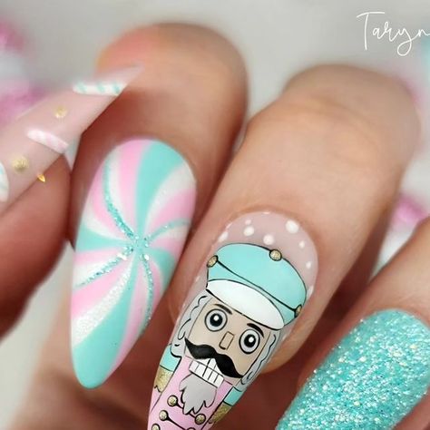 Taryn VanAlfen on Instagram: "Cute Christmas Nutcracker 🥜 #nutcracker #thenutcracker #nailsnailsnails #creativity #utahnails #nailtrends #christmasnails #christmasnailart #pinknails #tiffanyblue #candycanes #handdrawn" Nutcracker Nail Art Christmas, Christmas Nails Nutcracker, Nutcracker Christmas Nails, Christmas Fingernail Ideas, Nutcracker Ballet Nails, Pastel Winter Nails, Nutcracker Nail Art, Nutcracker Nails Designs, Pastel Christmas Nails