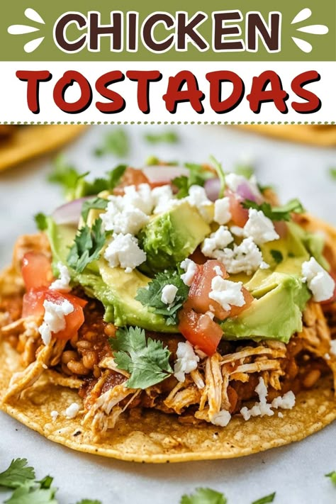 With crispy shells, flavorful chicken, creamy beans, and fresh toppings, these chicken tostadas are sure to become a family favorite! The combination of textures and flavors can't be beat. Chicken Tinga Tostadas, Tinga Tostadas, Baked Tostadas, Creamy Beans, Tinga Tacos, Chicken Tinga, Mexican Corn Salad, Can Chicken Recipes, Chicken Tostadas