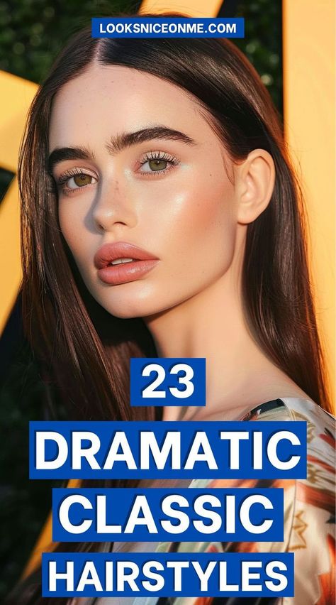 23 Dramatic Classic Hairstyles Classic Haircut, Sophisticated Hairstyles, Dramatic Hair, Classy Hairstyles, Dramatic Classic, Classic Black Dress, Dramatic Style, Medium Long Hair, Classic Hairstyles