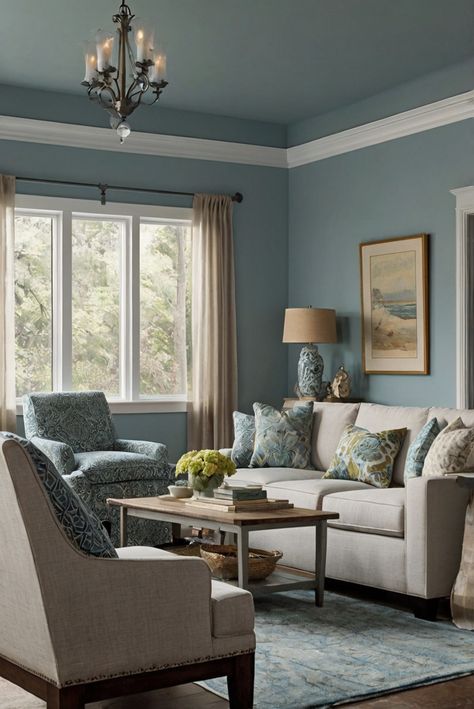 coastal interior design, coastal home decor, coastal living room, coastal color schemes, contemporary coastal design, coastal decorating ideas, coastal paint colors Blue Parlor Room, Pale Blue Living Room, Contemporary Coastal Living Room, Blue Living Room Color, Coastal Color Scheme, Living Room Nordic Style, Dining Room Paint Colors, Color Palette Living Room, Family Room Colors