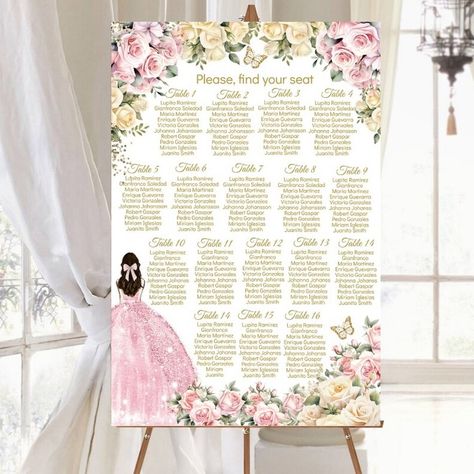 Quinceañera Seating Board, Table Plan for Guest, Sweet 16,15 Birthday, Pink Champagne Floral, Find Your Seat Sign, Editable Template Digital - Etsy Romania Seating Board, Find Your Seat Sign, Find Your Seat, 15 Birthday, Quince Ideas, Quinceanera Party, Table Plan, Table Names, Sweet 15