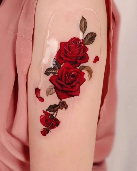 23 Floral Tattoo Artists You Should Follow On IG Coloured Rose Tattoo, Red Tattoo Ideas, Red Ink Tattoo, Rose Tattoos For Women, Minimal Tattoo Design, Red Tattoo, Red Rose Tattoo, Floral Tattoo Design, Minimalist Tattoos