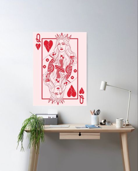 “Queen of Broken Hearts” artwork shows a modern queen facecard crying and drinking wine. The artwork is available for sale in multiple types of media including stickers, shirts, and home decor! Queen Of Hearts Fanart, Queen Card Painting, Queen Of Hearts Illustration Art, Hearts Artwork, Queen Of Hearts Wall Art, Playing Cards Queen Design, Hearts Poster, Vintage Queen Of Hearts Playing Card, Wall Pop