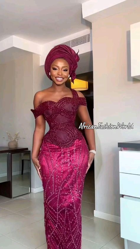 Nigerian Luxury fashion designer TUBO in a Burgundy lace asoebi inspiration #fashion #nigerianwedding #aesthetic #asoebistyles #tubo #arewa #lacestyles Lace Styles For Wedding, Long Ball Gown, Nigerian Dress, Ankara Dress Designs, African Lace Styles, Red Mermaid, Afrikaanse Mode, Lace Gown Styles, African Inspired Clothing