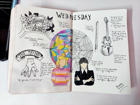 Wednesday Journal Ideas, Diary Decoration Ideas Art Journals, Wednesday Addams Journal, Journalist Drawing, Wednesday Drawing, Wednesday Journal, Bullet Journal Hand Lettering, Mini Art Journal, Art Journal Cover