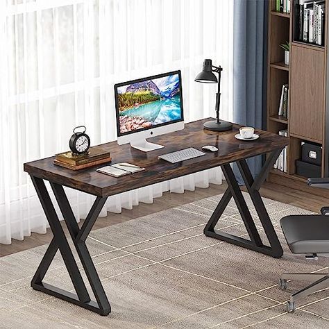 Writing Computer Desk, 55 inch Heavy Duty Study Desk with Z-Shaped Metal Leg, Modern Simple Home Office Computer Desk, Rustic Brown Brown Legs, White Desk, Textured Top, Study Desk, Study Table, Rustic Brown, Computer Desk, Home Office, Computer