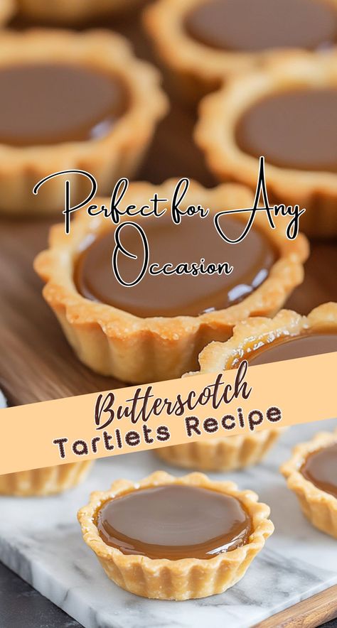 These Mini Butterscotch Tartlets are a decadent yet simple dessert that combines a buttery, flaky shortcrust pastry with a velvety, sweet-salty butterscotch filling. Mini Jam Tarts, Chocolate Tartlets Recipe, Shortcrust Pastry Fillings, Toffee Tarts Mini, Tartlet Filling Ideas, Mini Tartlets Recipes, Mini Tart Filling Recipes, Teatime Tassies, Shortcrust Pastry Desserts