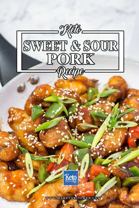 Keto Sweet and Sour Pork – “Easy” Chinese Takeout Recipe. Deliciously easy Keto Sweet and Sour Pork Recipe. The healthy crispy battered pork is perfecly coated in the sticky sauce. This healthy Chinese recipe is a great dinner that the whole family will love. #keto #chineserecipe #dinnerrecipe #glutenfree Sweet And Sour Pork Easy, Sweet Sour Pork Recipe, Sweet And Sour Pork Recipe, Sweet N Sour Pork Recipe, Healthy Chinese Recipes, Keto Approved Foods, Chinese Recipe, Keto Diet App, Mapo Tofu