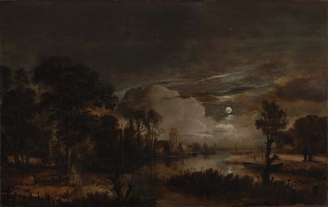 "Moonlit Landscape with a View of the New Amstel River and Castle Kostverloren" Aert van der Neer - Artwork on USEUM Moonlit Landscape, Dark Academia Wallpaper, J Paul Getty, River Art, Getty Museum, A4 Poster, Dutch Artists, Aesthetic Painting, Painting Wallpaper