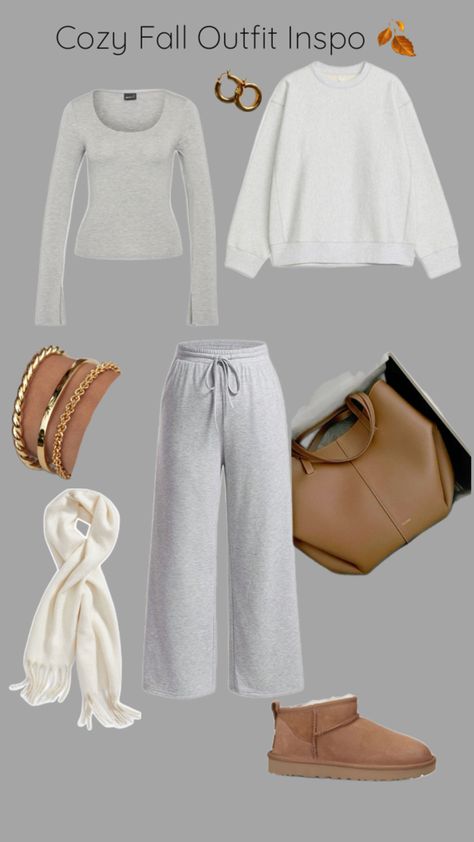 Ultra mini uggs chestnut, white scarf, grey wide leg sweatpants, grey long sleeve top, grey crew net sweater, cyme bag Grey Wide Leg Sweatpants Outfit, Cyme Bag, Grey Wide Leg Sweatpants, Wide Leg Sweatpants Outfit, Uggs Chestnut, Net Sweater, Ultra Mini Uggs, Mini Uggs, Sweatpants Grey