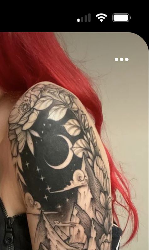 Black Work Shoulder Tattoo, Night Sky Shoulder Tattoo, Night Garden Tattoo, Night Blooming Flowers Tattoo, Night Court Mountains Tattoo, Moon Forest Tattoo, Night Sky Tattoo, Night Sky Tattoos, Night Tattoo