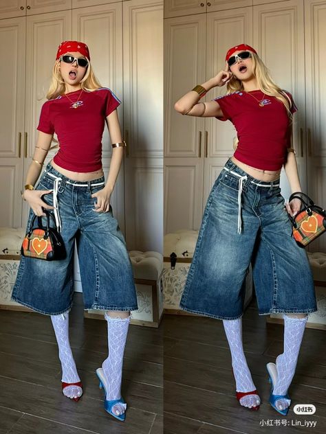 Kpop Jeans Outfit, Red Outfit Concert, Y2k Hip Hop Fashion, Red Concert Outfit, Red White Outfit, Red And Blue Outfit, Red Tights Outfit, Yk2 Outfits, Streetwear Lookbook