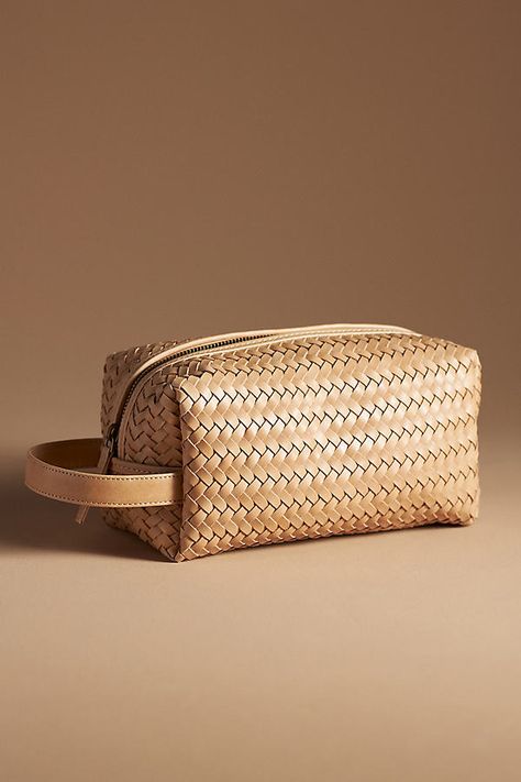 This cosmetic bag's soft, malleable shape makes it easy to pack, yet it retains its structure once out of your suitcase. | Pouchette Woven Leather Cosmetic Bag by Bembien in White, Women's, Cotton/Leather at Anthropologie Leather Objects, Neutral Bag, Woven Leather Bag, Leather Cosmetic Bag, Perfect Handbag, Unique Bags, Bags Purses, Leather Chain, Green Bag