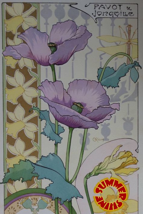 Slideshow - With their endless colours and bountiful symbolism, poppies are stunning, they’re elegant, they’re vibrant and beautiful! Watercolor Stencil, Title Block, Art Nouveau Interior, The Language Of Flowers, Stencil Printing, Print Design Art, Art Nouveau Floral, Lithograph Print, Plant Illustration