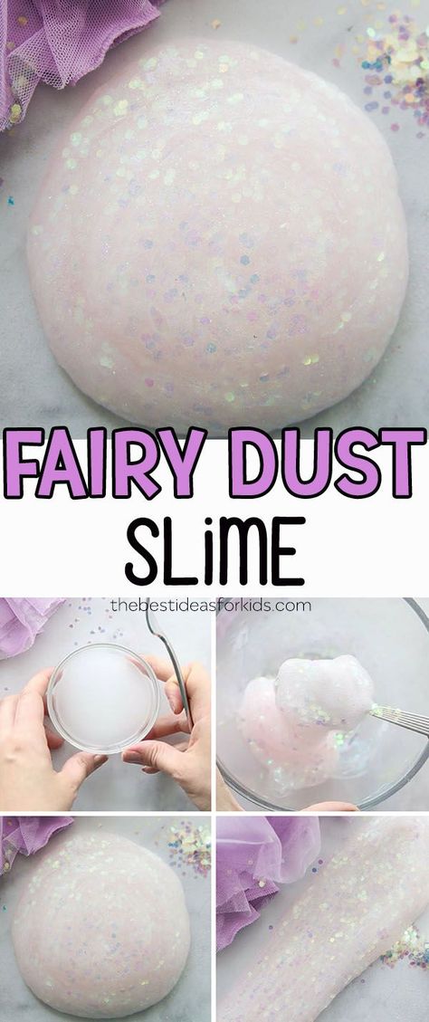 FAIRY SLIME! This iridescent slime looks just like fairy dust. We love how sparkly this slime is! See how to make this easy, no-borax slime recipe. #bestideasforkids #slime #slimerecipe #fairyslime #slimefun #kidsactivities #kidscraft #summerfun #kidsactivity Fairy Activities For Kids, Fairy Dough, Fairy Slime, Borax Slime, Slime Recipes, Slime For Kids, Glitter Slime, Simple Crafts, Fairy Crafts